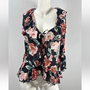 Another Reason Womens Sz M Sheer Mesh Floral Rose 3/4 Bell Sleeve Ruffle Blouse